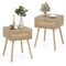 Set of 2 Natural Wood Nightstand with Rattan Storage Drawer Boho Design for Bedroom Decor